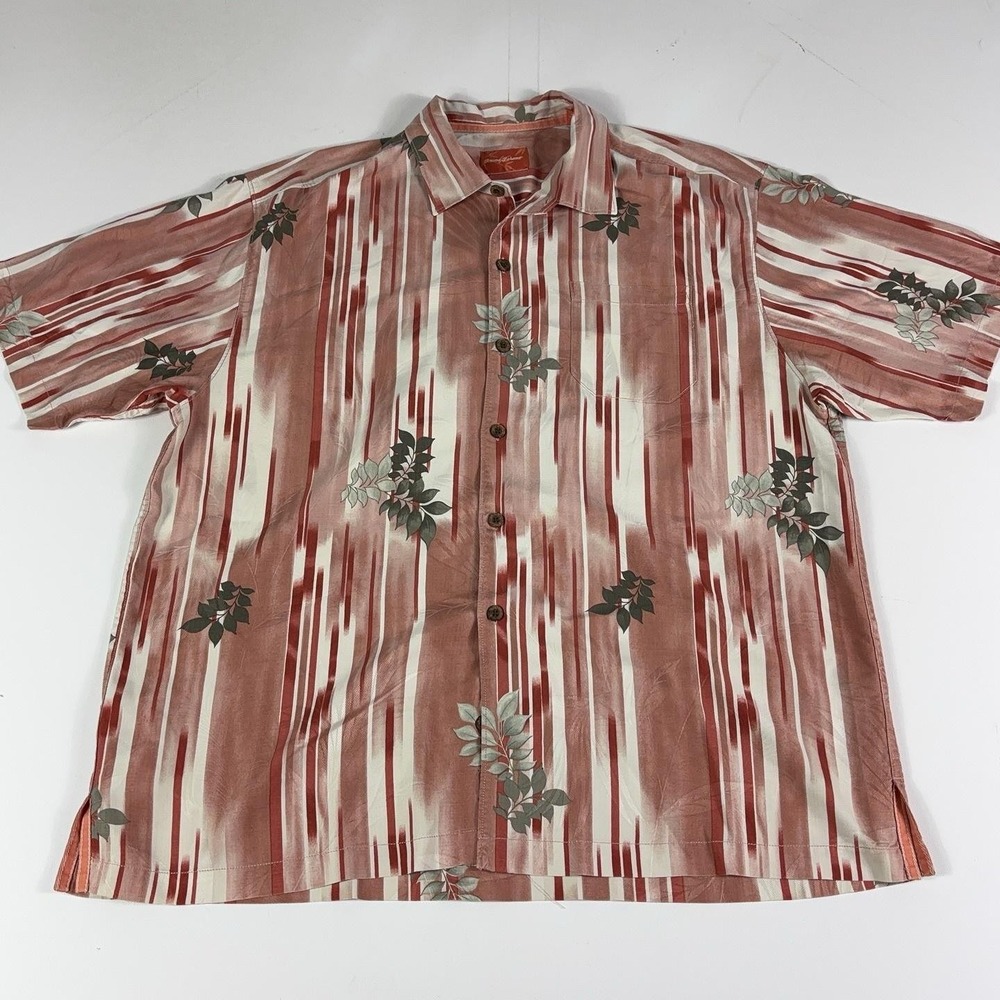 Tommy Bahama Men's XL 100% Silk Shirt Coral Stripe Floral Hawaiian Aloha